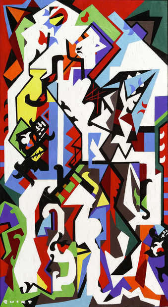 brightly colored shapes placed in an hierarchy reminiscent of synthetic cubism.