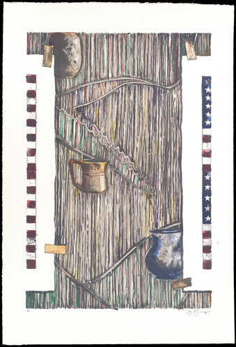 Thin vertical bands of partial U.S. flags on L and R.  TL an image of a jar, C an image of a...