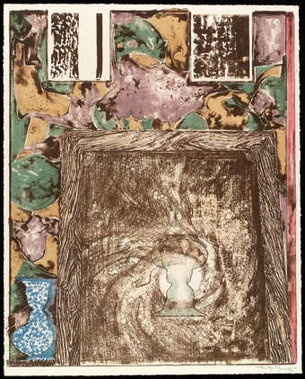 An abstract composition containing 2 face/vase images and the reverse of a canvas.