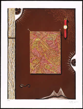 a brown field with an abstract image center and a watch TR.  A five-color intaglio.