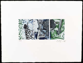 blue and green abstract forms with the words blue and green. A small version of 98.106. ...