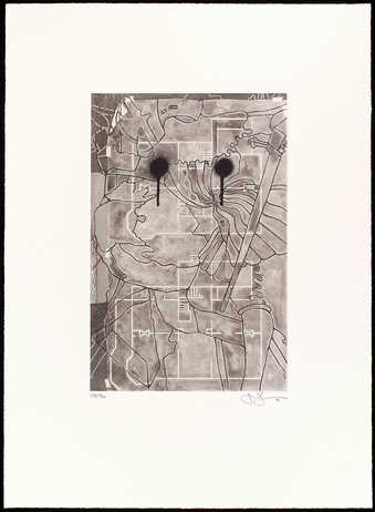 A black and white image appropriated from Grunewald altarpiece .  The edition was made for the...