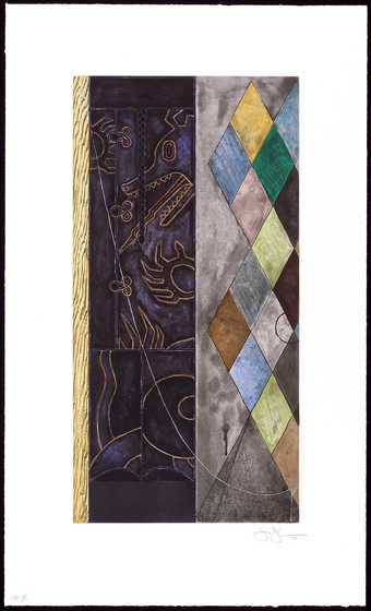 A  fourteen color intaglio with an image of a  harlequin pattern vertically through the print.