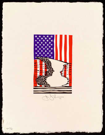 An image of a double face vase in front of an American Flag.  A smaller version of 2001.197