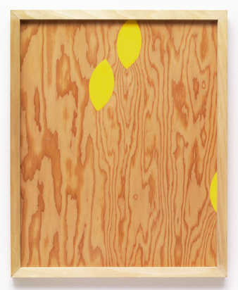 A piece of plywood on which the artist has painted the football shaped plugs yellow.