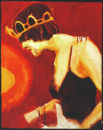 Painting of the late Kurt Cobain wearing a woman's dress and tiara while performing with his...