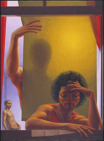 woman sitting resting her arms on the window sill of an open window. With her left hand she...