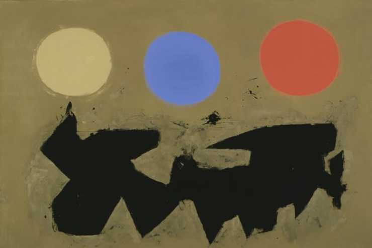 Brown/Tan field over entire canvas.  Top of canvas are three circle forms from left to right Red,...