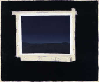 Dark landscape framed with faux masking tape on a black field
