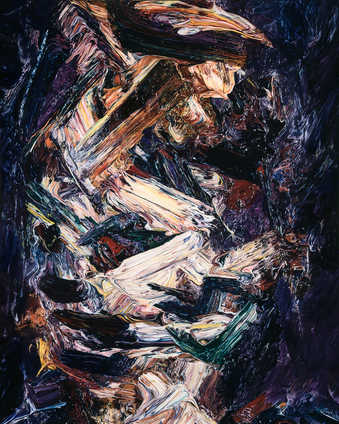 criss-crossing bars of mixed color.  Has very smooth surface and overall appearance of melted...