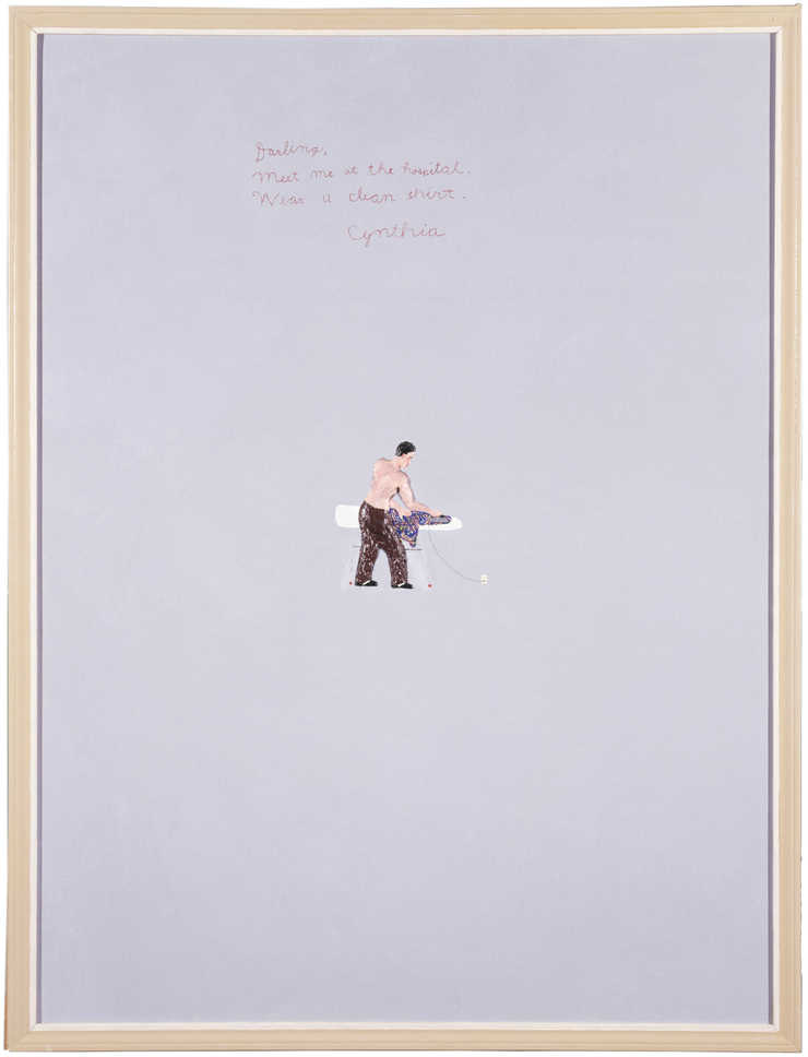 small shirtless figure ironing standing in low relief at center of large light blue field CT over...