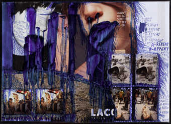 a collage of magazine images, overdrawn with ballpoint pen and wrapped with transparent plastic. ...