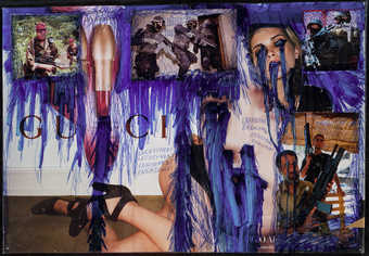 a collage of magazine images, overdrawn with ballpoint pen and wrapped with transparent plastic. ...