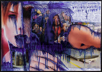 a collage of magazine images, overdrawn with ballpoint pen and wrapped with transparent plastic. ...