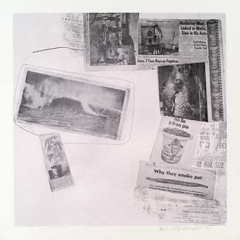 A series of screenprints made from two screens.  Image printed in black on various fields of pale...