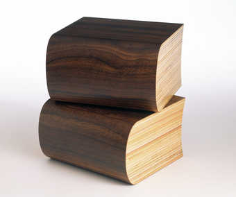 a pair of bookends, made out of plywood and veneer that resemble books