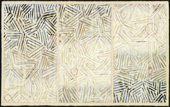 Three vertical rectangles printed in blue composed of groupings of lines, printed over black...