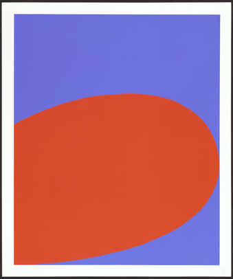 A screenprint from two screens.  An image of a partial red/orange oval on a blue field. ...