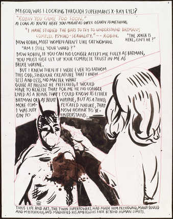 drawing of a woman pointing a gun at Batman;text reads "My god, was I looking through...