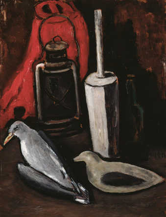 Still LIfe of two dead seagulls in front of a bottle, churn, lantern and a bright red form all on...