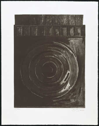 An image of a target.  Across the top two rows of nine rectangles.  Drypoint with existing...
