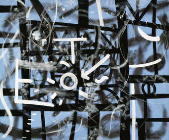 blue field with a random grid in black. White symbols and white slashing gestural brushstrokes...