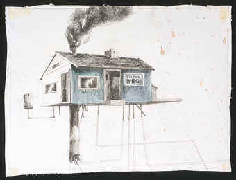 Diptych: An image of the exterior of a BBQ restaurant lifted from the ground revealing the...