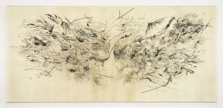 A layered painting combining maps, city layouts and abstract forms.