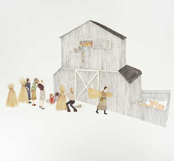 An image of a group in front of barn.  In the hay loft of the barn are a group of hens with human...
