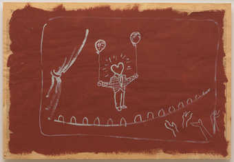 An image of a figure with a heart-shaped head, holding a balloon in each hand, on a stage. ...