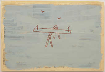 An image of an empty teeter-totter with two birds flying in the background.  Painted on a page of...