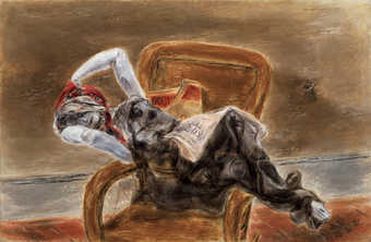 Figure reclining over the arms of a chair
