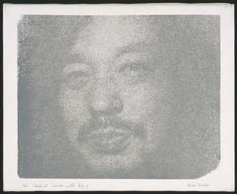 Silkscreened grey ink on white canvas. Signed lower right "Alison Knowles" in grey ink...