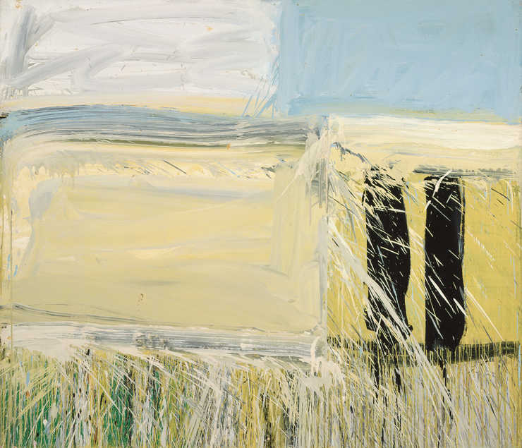 drip and spatter over geometric shapes yellow, grey, and light blue.