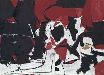 pieces of fabric pieced together painted whit, red, and black