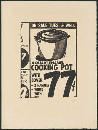 A black and white detail of a newspaper advertisement for a 4 quart enamel cooking pot. Published...