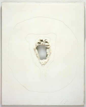 a white painted canvas with a central hole.  around the edges of the hole paint is applied thickly.