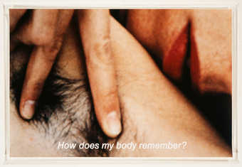 Details of the artists body with text across the bottom.