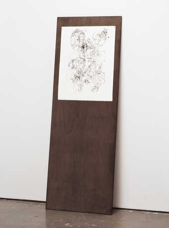 A black ink on white paper composition containing multiple representations of human skulls