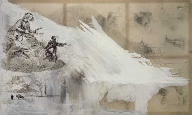 Group of 3 women UL composed of black outlines cutting and sprinkling paper onto a mountain which...