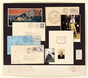 A collage of envelopes and photographs.