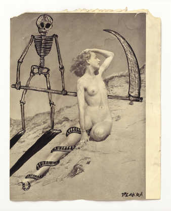 Vintage pornography onto to which the artist has drawn.  An image of a kneeling woman next to a...