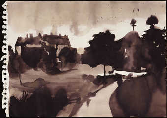 A black and white landscape drawing.
