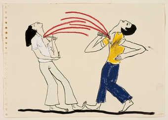 An image of a man and a woman each stabbing themselves in the throat with a knife.  Drawn on a...