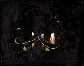 Thickly applied paint over a magazine collage.  Small selected areas of the collage are left...