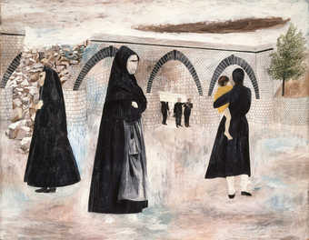 men carrying a casket in the background; three women and child in the foreground
