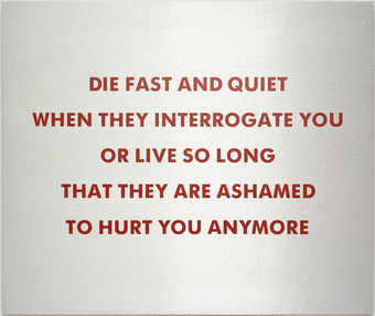 A prototype of a multiple produced by Maurice Sanchez.  The text reads "DIE FAST AND QUIET...