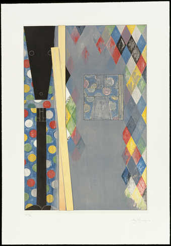 A  10-colored print containing harlequin pattern, the profile of a cantenary painting and several...