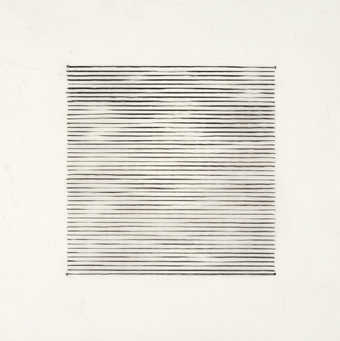 A series of black varying width horizontal lines on vellum