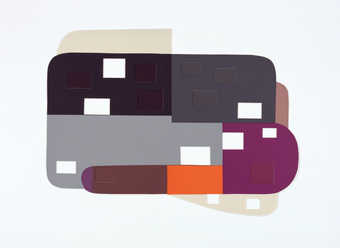 a collage of various colored geometric shapes, rectangular voids are cut through the work.